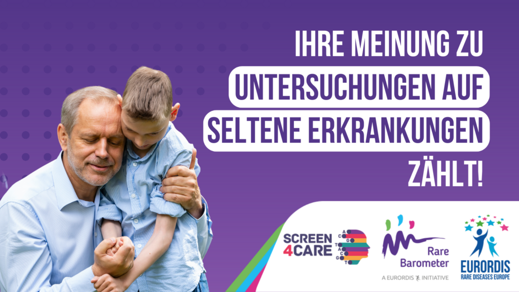 Violetter Hintergrund, Foto eines Mannes, der ein Kind umarmt, dazu der Schriftzug "Ihre Meinung zu Untersuchungen auf Seltene Erkrankungen zählt!"